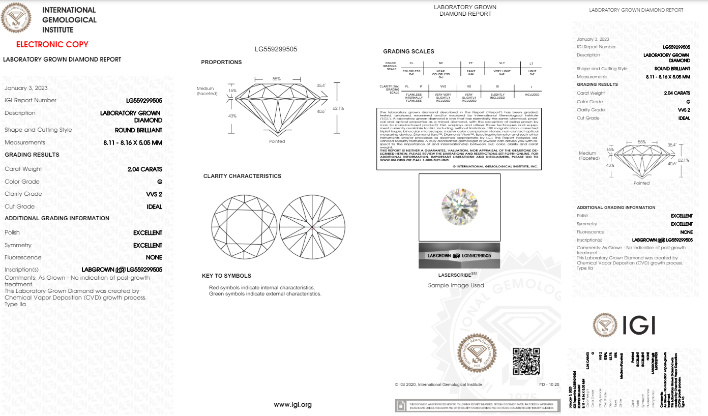 2.04 Carats Round Shape White Lab Grown Diamond