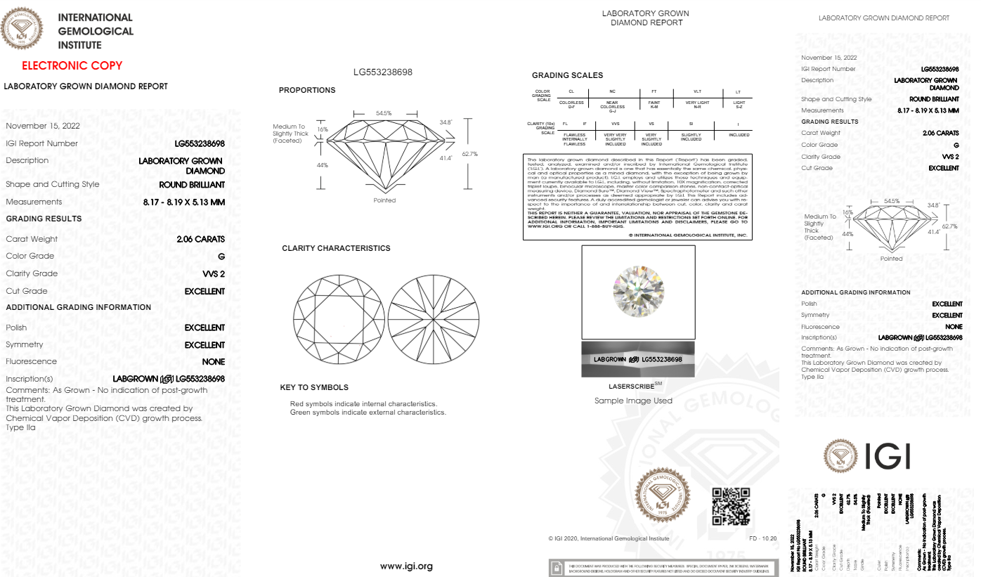 2.06 Carats Round Shape White Lab Grown Diamond