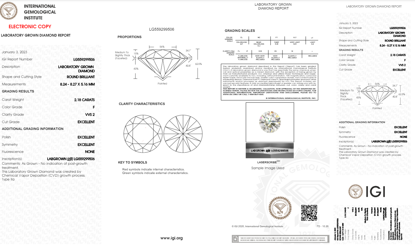 2.18 Carats Round Shape White Lab Grown Diamond