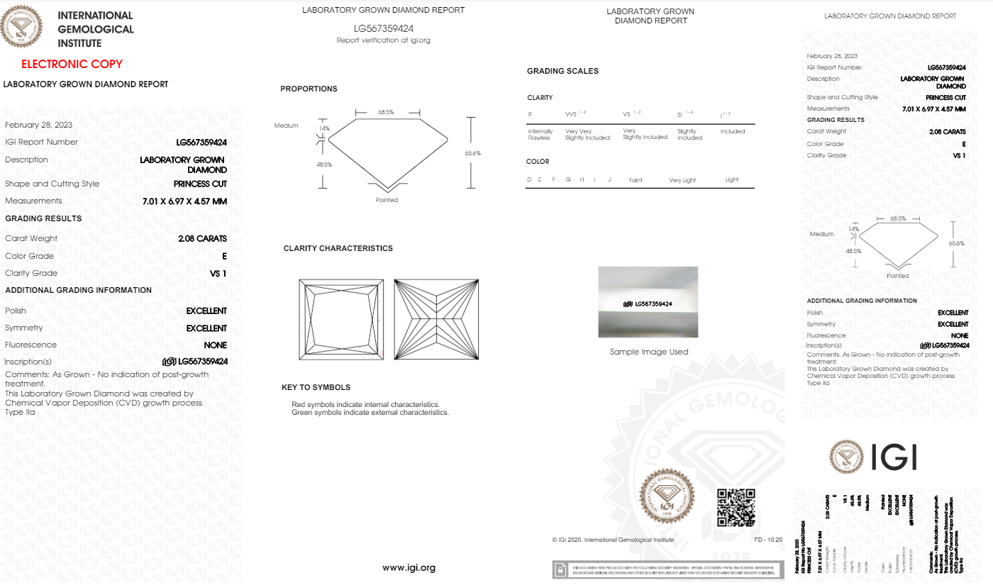 2.08 Carats Princess Cut White Lab Grown Diamond