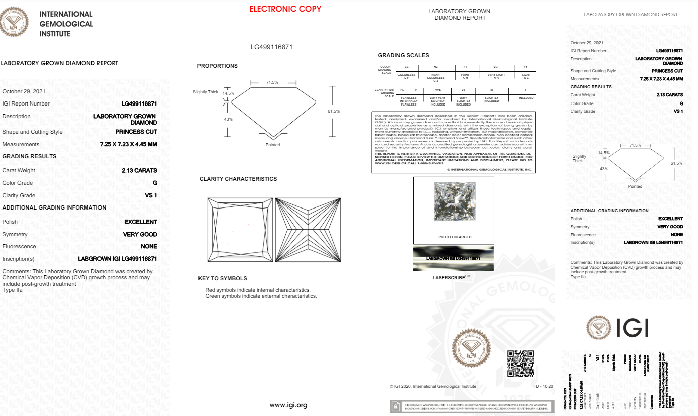 2.13 Carats Princess Cut White Lab Grown Diamond