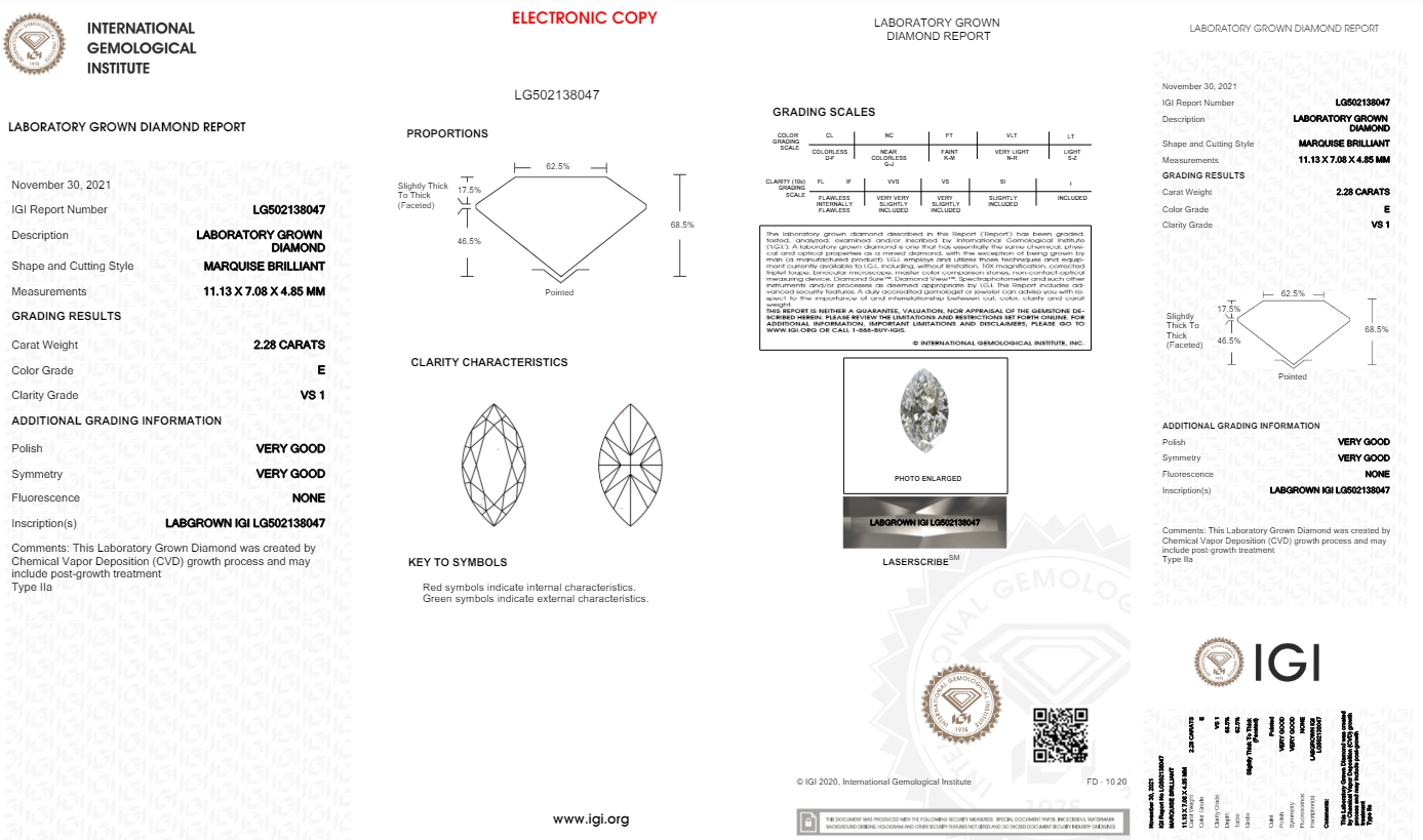 2.28 Carats Marques Cut White Lab Grown Diamond