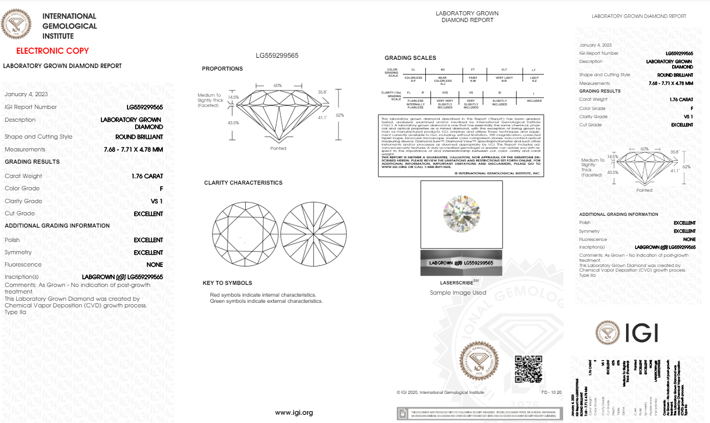 1.76 Carats Round Shape White Lab Grown Diamond