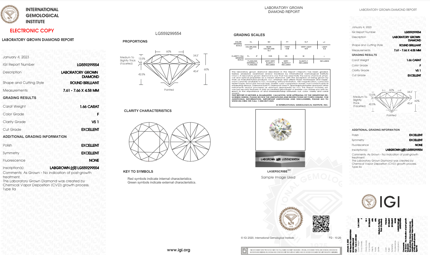 1.66 Carats Round Shape White Lab Grown Diamond